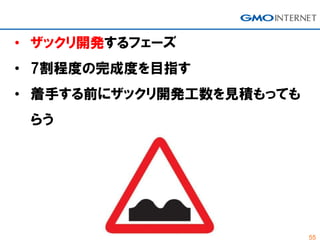 55
• ザックリ開発するフェーズ
• 7割程度の完成度を目指す
• 着手する前にザックリ開発工数を見積もっても
らう
 