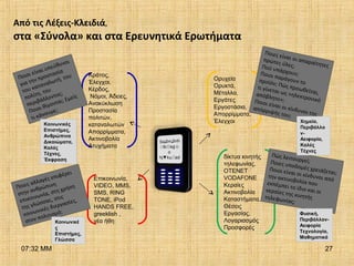 07:32 ΜΜ 27
Από τις Λέξεις-Κλειδιά,
στα «Σύνολα» και στα Ερευνητικά Ερωτήματα
Επικοινωνία,
VIDEO, MMS,
SMS, RING
TONE, iPod
HANDS FREE,
greeklish ,
νέα ήθη
Κράτος,
Έλεγχοι,
Κέρδος,
Νόμοι, Άδειες,
Ανακύκλωση
Προστασία
πολιτών,
καταναλωτών
Απορρίμματα,
Ακτινοβολία
Ατυχήματα
Ορυχεία
Ορυκτά,
Μέταλλα,
Εργάτες
Εργοστάσια,
Απορρίμματα,
Έλεγχοι
δίκτυα κινητής
τηλεφωνίας,
ΟΤΕΝΕΤ
VODAFONE
Κεραίες
Ακτινοβολία
Καταστήματα,
Θέσεις
Εργασίας,
Λογαριασμός
Προσφορές
Ποιες είναι οι απαραίτητες
πρώτες ύλες;Πού υπάρχουν;Ποιοι παράγουν τοπροϊόν; Πώς προωθείται,
τι γίνεται ως «ηλεκτρονικό
απόβλητο»;Ποιοι είναι οι κίνδυνοι της
απόρριψής του;
Πώς λειτουργεί;Ποιες υποδομές χρειάζεται;
Ποιοι είναι οι κίνδυνοι από
την ακτινοβολία πουεκπέμπει το ίδιο και οικεραίες της κινητήςτηλεφωνίας;
Ποιοι είναι υπεύθυνοι
για την προστασία
του καταναλωτή, του
πολίτη, του
περιβάλλοντος;
Ποιοι θίγονται; Εμείς
τι κάνουμε;
Ποιες αλλαγές επιφέρει
στην ανθρώπινη
επικοινωνία, στη χρήση
της γλώσσας, στις
κοινωνικές διεργασίες,
στον πολιτισμό;
Κοινωνικές
Επιστήμες,
Ανθρώπινα
Δικαιώματα,
Καλές
Τέχνες,
Έκφραση
Χημεία,
Περιβάλλο
ν-
Αειφορία,
Καλές
Τέχνες
Φυσική,
Περιβάλλον-
Αειφορία
Τεχνολογία,
Μαθηματικά
Κοινωνικέ
ς
Επιστήμες,
Γλώσσα
 