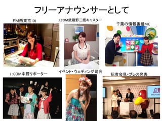 フリーアナウンサー	
　　ＦＭ西東京 DJ	
 J:COM武蔵野三鷹キャスター	
　　J：COM中野リポーター	
　　千葉の情報番組MC　	
イベント・ウェディング司会	
　記者会見・プレス発表	
フリーアナウンサーとして	
 