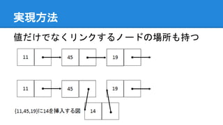実現方法
値だけでなくリンクするノードの場所も持つ
 