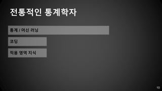 전통적인 통계학자
10
통계 / 머신 러닝
코딩
적용 영역 지식
 