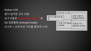 프로덕션 시스템
모델 구축 (Build
model)
엔지니어들과의 협
업
모델 디플로이
(Deploy Model)
모델 모니터
(Monitor model)
Python (+R)
좀더 엄격한 코드 리뷰
요구사항은 Python Pseudocode로
Git 집중활용 (fork/pull model)
리서치 + 프로덕션 거리를 좁히려 노력
 