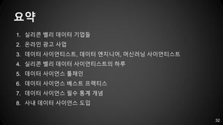 요약
1. 실리콘 벨리 데이터 기업들
2. 온라인 광고 사업
3. 데이터 사이언티스트, 데이터 엔지니어, 머신러닝 사이언티스트
4. 실리콘 벨리 데이터 사이언티스트의 하루
5. 데이터 사이언스 툴채인
6. 데이터 사이언스 베스트 프랙티스
7. 데이터 사이언스 필수 통계 개념
8. 사내 데이터 사이언스 도입
32
 