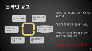 광고 알고리즘
온라인 광고
사용자 (3rd
party)
광고 클릭 / 구
매
광고 알고리즘
개선
클릭 / 구매 데이터
온라인 광고
노출
4
빅데이터 / 데이터 사이언스 대
표 분야
하루에 몇조개의 관측치 생성
수백-수천개의 변량을 이용한
클릭/구매 예측모형
0.001초 내로 "클릭 확률 예측"
 