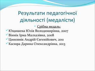 Результати педагогічної
діяльності (медалісти)
• Срібна медаль:
Ющишена Юлія Володимирівна, 2007
Віннік Ірма Малхазівна, 2008
Циновнік Андрій Євгенійович, 2011
Касюра Дарина Олександрівна, 2013
 