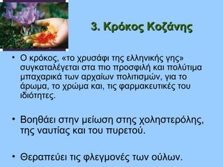 3. Κρόκος Κοζάνης3. Κρόκος Κοζάνης
• Ο κρόκος, «το χρυσάφι της ελληνικής γης»
συγκαταλέγεται στα πιο προσφιλή και πολύτιμα
μπαχαρικά των αρχαίων πολιτισμών, για το
άρωμα, το χρώμα και, τις φαρμακευτικές του
ιδιότητες.
• Βοηθάει στην μείωση στης χοληστερόλης,
της ναυτίας και του πυρετού.
• Θεραπεύει τις φλεγμονές των ούλων.
 
