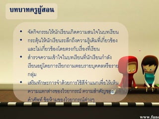 บทบาทครูผู้สอน
• จัดกิจกรรมให้นักเรียนเกิดความสนใจในบทเรียน
• กระตุ้นให้นักเรียนระลึกถึงความรู้เดิมที่เกี่ยวข้อง
และไม่เกี่ยวข้องโดยตรงกับเรื่องที่เรียน
• สารวจความเข้าใจในบทเรียนที่นักเรียนกาลัง
เรียนอยู่โดยการเรียกถามตอบรายบุคคลหรือราย
กลุ่ม
• เสริมทักษะการจาด้วยการใช้สีจาแนกเพื่อให้เห็น
ความแตกต่างของไวยากรณ์ ความสาคัญของ
คาศัพท์ ข้อห้ามของไวยากรณ์ต่างๆ
 