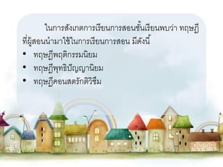 ในการสังเกตการเรียนการสอนชั้นเรียนพบว่า ทฤษฎี
ที่ผู้สอนนามาใช้ในการเรียนการสอน มีดังนี้
• ทฤษฎีพฤติกรรมนิยม
• ทฤษฎีพุทธิปัญญานิยม
• ทฤษฎีคอนสตรักติวิซึม
 