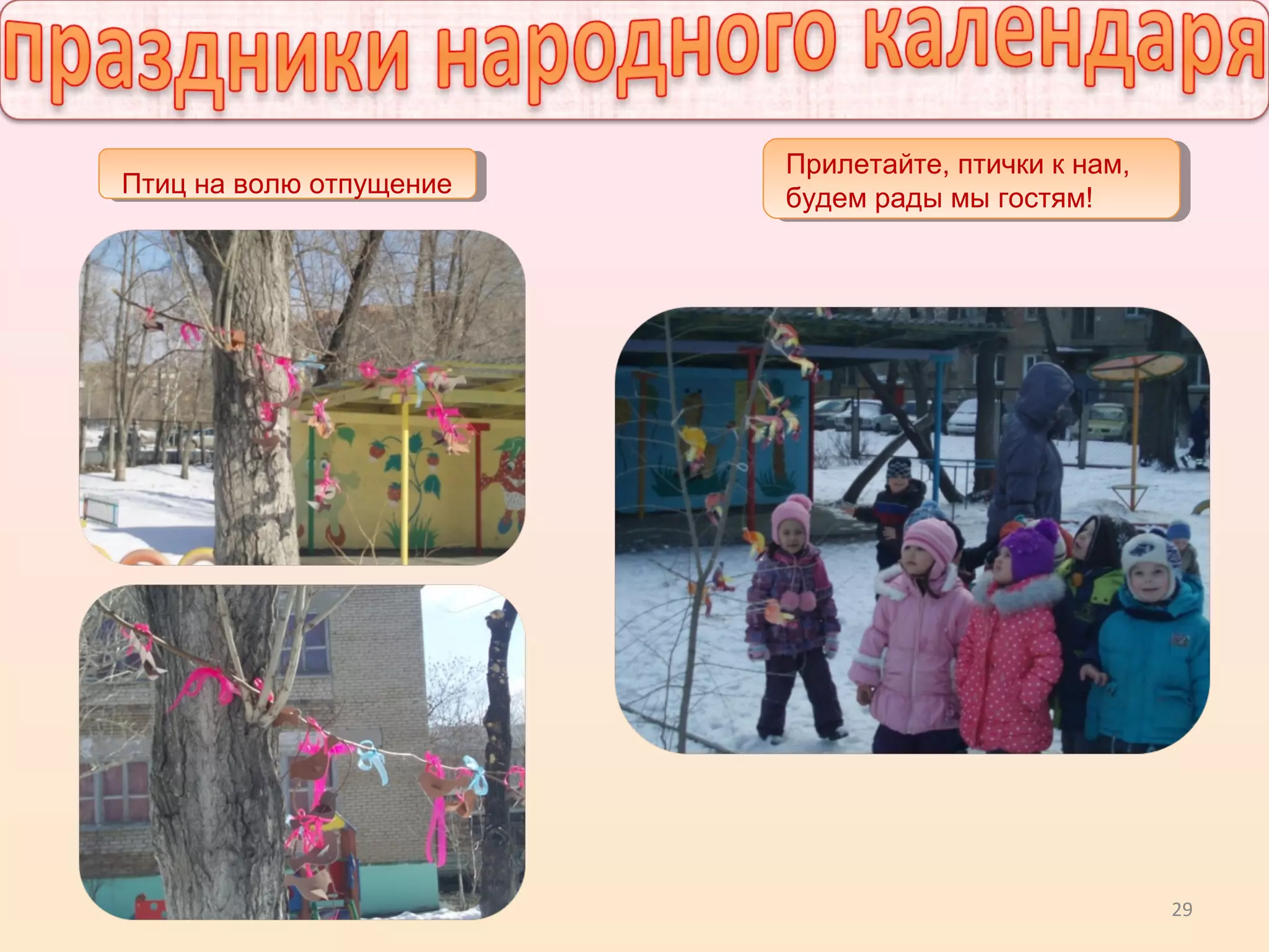 29
Птиц на волю отпущение
Прилетайте, птички к нам,
будем рады мы гостям!
 