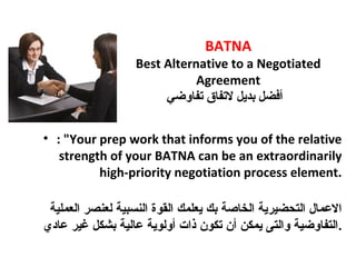 BATNA
Best Alternative to a Negotiated
Agreement
‫تفاوضي‬ ‫لتفاق‬ ‫بديل‬ ‫أفضل‬  
• : "Your prep work that informs you of the relative
strength of your BATNA can be an extraordinarily
high-priority negotiation process element.
‫العملية‬ ‫لعنصر‬ ‫النسبية‬ ‫القوة‬ ‫يعلمك‬ ‫بك‬ ‫الخاصة‬ ‫التحضيرية‬ ‫المعمال‬
‫معادي‬ ‫غير‬ ‫بشكل‬ ‫معالية‬ ‫أولوية‬ ‫ذات‬ ‫تكون‬ ‫أن‬ ‫يمكن‬ ‫والتى‬ ‫.التفاوضية‬
 