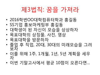 제3법칙: 꿈을 가져라
• 2016학번OO대학컴퓨터학과 홍길동
• SS기업 홍보마케팅부 홍길동
• 대학생이 된 자싞이 모습을 상상하자
• 목표대학의 상징물, 사짂, 영상
• 목표대학을 방문하자
• 졳업 후 직업, 20대, 30대의 미래모습을 그려
보자
• 이를 위해 1주, 1개월, 1년, 5년 계획을 세우
자
• 이번 기말고사에서 평균 10점이 오른다면…
 