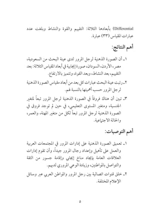 5
‫عدد‬ ‫وبلغت‬ ‫والنشاط‬ ‫والقوة‬ ‫التقييم‬ :‫الثالثة‬ ‫بأبعادها‬ )Differential
.‫عبارة‬ )33( ‫املقياس‬ ‫عبارات‬
:‫النتائج‬ ‫أهم‬
،‫السعودية‬ ‫من‬ ‫البحث‬ ‫عينة‬ ‫لدى‬ ‫املرور‬ ‫لرجل‬ ‫الذهنية‬ ‫الصورة‬ ‫أن‬ ‫1ـ‬
‫بعد‬:‫الثالثة‬‫املقياس‬‫أبعاد‬‫يف‬‫إجيابية‬‫صورة‬،‫السودان‬،‫األردن‬،‫مرص‬
.‫باالرتفاع‬ ‫وتتميز‬ ،‫القوة‬ ‫وبعد‬ ،‫النشاط‬ ‫بعد‬ ،‫التقييم‬
‫الذهنية‬‫الصورة‬‫مقياس‬‫أبعاد‬‫من‬‫بعد‬‫كل‬‫عبارات‬‫البحث‬‫عينة‬‫رتبت‬‫2ـ‬
.‫هلم‬ ‫بالنسبة‬ ‫أمهيتها‬ ‫حسب‬ ‫املرور‬ ‫لرجل‬
‫ملتغري‬ ً‫ا‬‫تبع‬ ‫املرور‬ ‫لرجل‬ ‫الذهنية‬ ‫الصورة‬ ‫يف‬ ً‫ا‬‫فروق‬ ‫هناك‬ ‫أن‬ ‫تبني‬ ‫3ـ‬
‫يف‬ ‫فروق‬ ‫توجد‬ ‫مل‬ ‫حني‬ ‫يف‬ ،‫التعليمي‬ ‫املستوى‬ ‫ومتغري‬ ،‫اجلنسية‬
،‫والعمر‬ ،‫املهنة‬ ‫متغري‬ ‫من‬ ‫لكل‬ ً‫ا‬‫تبع‬ ‫املرور‬ ‫لرجل‬ ‫الذهنية‬ ‫الصورة‬
.‫االجتامعية‬ ‫واحلالة‬
:‫التوصيات‬ ‫أهم‬
‫العربية‬ ‫املجتمعات‬ ‫يف‬ ‫املرور‬ ‫إدارات‬ ‫عىل‬ ‫الذهنية‬ ‫الصورة‬ ‫تعميق‬ ‫1ـ‬
‫إدارات‬ ‫تقوم‬ ‫وأن‬ ،ً‫ا‬‫جيد‬ ‫املرور‬ ‫رجال‬ ‫وإعداد‬ ‫تأهيل‬ ‫عىل‬ ‫والعمل‬
‫الثقة‬ ‫من‬ ‫جسور‬ ‫وإقامة‬ ‫إجيايب‬ ‫مناخ‬ ‫بإجياد‬ ‫العامة‬ ‫العالقات‬
.‫لدهيم‬ ‫املروري‬ ‫الوعي‬ ‫وزيادة‬ ،‫باملواطنني‬ ‫والتواصل‬
‫وسائل‬ ‫عرب‬ ‫العريب‬ ‫واملواطن‬ ‫املرور‬ ‫رجل‬ ‫بني‬ ‫اتصالية‬ ‫قنوات‬ ‫خلق‬ ‫2ـ‬
.‫املختلفة‬ ‫اإلعالم‬
 