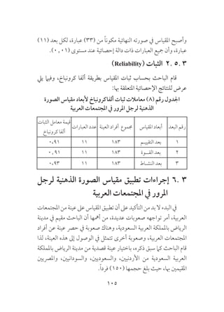 105
)11( ‫بعد‬ ‫لكل‬ ،‫عبارة‬ )33( ‫من‬ ً‫ا‬‫مكون‬ ‫النهائية‬ ‫صورته‬ ‫يف‬ ‫املقياس‬ ‫وأصبح‬
.)0٫01( ‫مستوى‬ ‫عند‬ ‫إحصائية‬ ‫دالة‬ ‫ذات‬ ‫العبارات‬ ‫مجيع‬ ‫وأن‬ ،‫عبارة‬
)Reliability( ‫الثبات‬ 2. 5. 3
‫ييل‬ ‫وفيام‬ ،‫كرونباخ‬ ‫ألفا‬ ‫بطريقة‬ ‫املقياس‬ ‫ثبات‬ ‫بحساب‬ ‫الباحث‬ ‫قام‬
:‫هبا‬ ‫املتعلقة‬ ‫اإلحصائية‬ ‫للنتائج‬ ‫عرض‬
‫الصورة‬ ‫مقياس‬ ‫ألبعاد‬ ‫ألفاكرونباخ‬ ‫ثبات‬ ‫معامالت‬ )8( ‫رقم‬ ‫اجلدول‬
‫العربية‬ ‫املجتمعات‬ ‫يف‬ ‫املرور‬ ‫لرجل‬ ‫الذهنية‬
‫البعد‬ ‫رقم‬‫املقياس‬ ‫أبعاد‬‫العينة‬ ‫أفراد‬ ‫جمموع‬‫العبارات‬ ‫عدد‬
‫الثبات‬ ‫معامل‬ ‫قيمة‬
‫كرونباخ‬ ‫ألفا‬
1‫التقييـم‬ ‫بعد‬183110،91
2‫القــوة‬ ‫بعد‬183110.91
3‫النشـاط‬ ‫بعد‬183110،93
‫لرجل‬ ‫الذهنية‬ ‫الصورة‬ ‫مقياس‬ ‫تطبيق‬ ‫إجراءات‬ 6. 3
‫العربية‬ ‫املجتمعات‬ ‫يف‬ ‫املرور‬
‫املجتمعات‬‫من‬‫عينة‬‫عىل‬‫املقياس‬‫تطبيق‬‫أن‬‫عىل‬‫التأكيد‬‫من‬‫بد‬‫ال‬‫البدء‬‫يف‬
‫مدينة‬ ‫يف‬ ‫مقيم‬ ‫الباحث‬ ‫أن‬ ‫أمهها‬ ‫من‬ ،‫عديدة‬ ‫صعوبات‬ ‫تواجهه‬ ‫أمر‬ ،‫العربية‬
‫أفراد‬ ‫عن‬ ‫عينة‬ ‫حرص‬ ‫يف‬ ‫صعوبة‬ ‫وهناك‬ ،‫السعودية‬ ‫العربية‬ ‫باململكة‬ ‫الرياض‬
‫لذا‬ ،‫العينة‬ ‫هذه‬ ‫إىل‬ ‫الوصول‬ ‫يف‬ ‫تتمثل‬ ‫أخرى‬ ‫وصعوبة‬ ،‫العربية‬ ‫املجتمعات‬
‫باململكة‬ ‫الرياض‬ ‫مدينة‬ ‫من‬ ‫قصدية‬ ‫عينة‬ ‫باختيار‬ ،‫ذكره‬ ‫سبق‬ ‫كام‬ ‫الباحث‬ ‫قام‬
‫واملرصيني‬ ،‫والسودانيني‬ ،‫والسعوديني‬ ،‫األردنيني‬ ‫من‬ ‫السعودية‬ ‫العربية‬
.ً‫ا‬‫فرد‬ )150( ‫حجمها‬ ‫بلغ‬ ‫حيث‬ ،‫هبا‬ ‫املقيمني‬
 