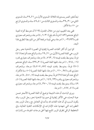 147
‫املستوى‬،‫92سنة‬‫12ـ‬‫من‬‫األول‬‫املستوى‬:‫الثالثة‬‫بمستوياته‬‫العمر‬‫ملتغري‬ً‫ا‬‫تبع‬
‫الرابع‬‫واملستوى‬،‫سنة‬49‫04ـ‬‫من‬‫الثالث‬‫واملستوى‬،‫سنة‬39‫ـ‬30‫من‬‫الثاين‬
.‫فأكثر‬ ‫سنة‬ 50 ‫من‬
‫العينة‬ ‫أفراد‬ ‫متوسط‬ ‫أن‬ )19( ‫اجلدول‬ ‫خالل‬ ‫من‬ ‫تبني‬ ،‫التقييم‬ ‫بعد‬ ‫ففي‬
‫معياري‬ ‫وبانحراف‬ ،‫درجة‬ )4٫6030( ‫بلغ‬ ‫قد‬ ،ً‫ا‬‫فرد‬ )183( ‫عددهم‬ ‫البالغ‬
‫هلذا‬‫النظري‬‫املتوسط‬‫من‬‫أكثر‬‫مرتفعة‬‫قيمة‬‫وهي‬،‫درجة‬)1٫03493(‫قدره‬
.‫البعد‬
‫رجل‬ ‫نحو‬ ‫الذهنية‬ ‫الصورة‬ ‫يف‬ ‫إجيابية‬ ‫العمرية‬ ‫الفئات‬ ‫أكثر‬ ‫أن‬ ‫تبني‬ ‫كام‬
)41(‫أفرادها‬‫عدد‬‫والبالغ‬،‫سنة‬29‫12ـ‬‫من‬‫األوىل‬‫العمرية‬‫الفئة‬‫هي‬،‫املرور‬
‫قدره‬ ‫معياري‬ ‫وبانحراف‬ ،‫درجة‬ )4٫763٫6( ‫قيمته‬ ‫بلغت‬ ‫بمتوسط‬ ،ً‫ا‬‫فرد‬
‫عددهم‬ ‫البالغ‬ ،‫سنة‬ )39 ‫(03ـ‬ ‫العمرية‬ ‫الفئة‬ ‫تلتها‬ ،‫درجة‬ )0٫964٫06(
‫وبانحراف‬ ،‫درجة‬ )4،707٫87( ‫قيمته‬ ‫بلغت‬ ‫بمتوسط‬ ،ً‫ا‬‫فرد‬ )70(
،)‫فأكثر‬ ‫سنة‬ 50( ‫العمرية‬ ‫الفئة‬ ‫تلتها‬ ،‫درجة‬ )1٫120٫97( ‫قدره‬ ‫معياري‬
،‫درجة‬ )4٫480٫7( ‫قيمته‬ ‫بلغت‬ ‫بمتوسط‬ ،ً‫ا‬‫فرد‬ )25( ‫أفرادها‬ ‫عدد‬ ‫البالغ‬
‫(04ـ‬ ‫العمرية‬ ‫الفئة‬ ‫تلتها‬ ،‫درجة‬ )1٫149٫23( ‫وقدره‬ ‫معياري‬ ‫وبانحراف‬
‫معياري‬ ‫وبانحراف‬ ،‫درجة‬ )4٫370٫6( ‫قيمته‬ ‫بلغت‬ ‫بمتوسط‬ ،)‫سنة‬ 49
.‫درجة‬ )0٫867٫41( ‫قدره‬
‫ضمن‬ ‫األصغر‬ ‫العمرية‬ ‫الفئة‬ ‫أن‬ ‫توضح‬ ‫النتيجة‬ ‫هذه‬ ‫أن‬ ‫الباحث‬ ‫ويرى‬
‫وقد‬ ،‫املرور‬ ‫رجل‬ ‫نحو‬ ‫الذهنية‬ ‫صورهتا‬ ‫يف‬ ‫إجيابية‬ ‫األكثر‬ ‫هي‬ ،‫البحث‬ ‫عينة‬
‫بعد‬ ‫املرور‬ ‫رجال‬ ‫مع‬ ‫التعامل‬ ‫يف‬ ‫بدأت‬ ‫قد‬ ‫الفئات‬ ‫هذه‬ ‫أن‬ ‫يف‬ ‫السبب‬ ‫يكون‬
‫ويف‬ ،‫العالية‬ ‫التقنية‬ ‫اإلمكانات‬ ‫يف‬ ‫اإلدارات‬ ‫هذه‬ ‫شهدهتا‬ ‫التي‬ ‫التطورات‬
‫إشارات‬ ‫من‬ ،‫اجلودة‬ ‫درجات‬ ‫أعىل‬ ‫فيها‬ ‫املتبع‬ ‫املرور‬ ‫لطرق‬ ‫الراقي‬ ‫التخطيط‬
 