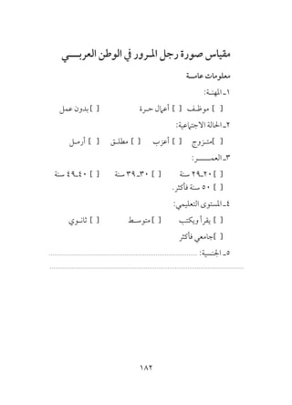 182
‫العربـــي‬ ‫الوطن‬ ‫يف‬ ‫املـرور‬ ‫رجل‬ ‫صورة‬ ‫مقياس‬
‫عامــة‬ ‫معلومات‬
:‫املهنـة‬ ‫1ـ‬
‫عمل‬ ‫بدون‬ ] [ 		‫حـرة‬ ‫أعامل‬ ] [ 	‫ف‬‫موظـ‬ ] [ 	
:‫االجتامعية‬ ‫احلالة‬ ‫2ـ‬
‫أرمـل‬ ] [ 	‫ق‬‫مطلـ‬ ] [ 	‫ب‬‫أعز‬ ] [ 	‫ج‬‫]متـزو‬ [ 	
:‫العمـــــر‬ ‫3ـ‬
	‫ة‬‫سن‬ 49‫04ـ‬ ] [ 	‫ة‬‫سن‬ 39 ‫03ـ‬ ] [ 	‫ة‬‫سن‬ 29‫02ـ‬ ] [ 	
.‫فأكثر‬ ‫سنة‬ 50 ] [ 	
:‫التعليمي‬ ‫املستوى‬ ‫4ـ‬
‫ثانـوي‬ ] [ 		‫متوسـط‬ ] [ 	‫ب‬‫ويكت‬ ‫يقرأ‬ ] [ 	
‫فأكثر‬ ‫]جامعي‬ [ 	
.................................................................................. :‫اجلنسية‬ ‫5ـ‬
...........................................................................................................
 