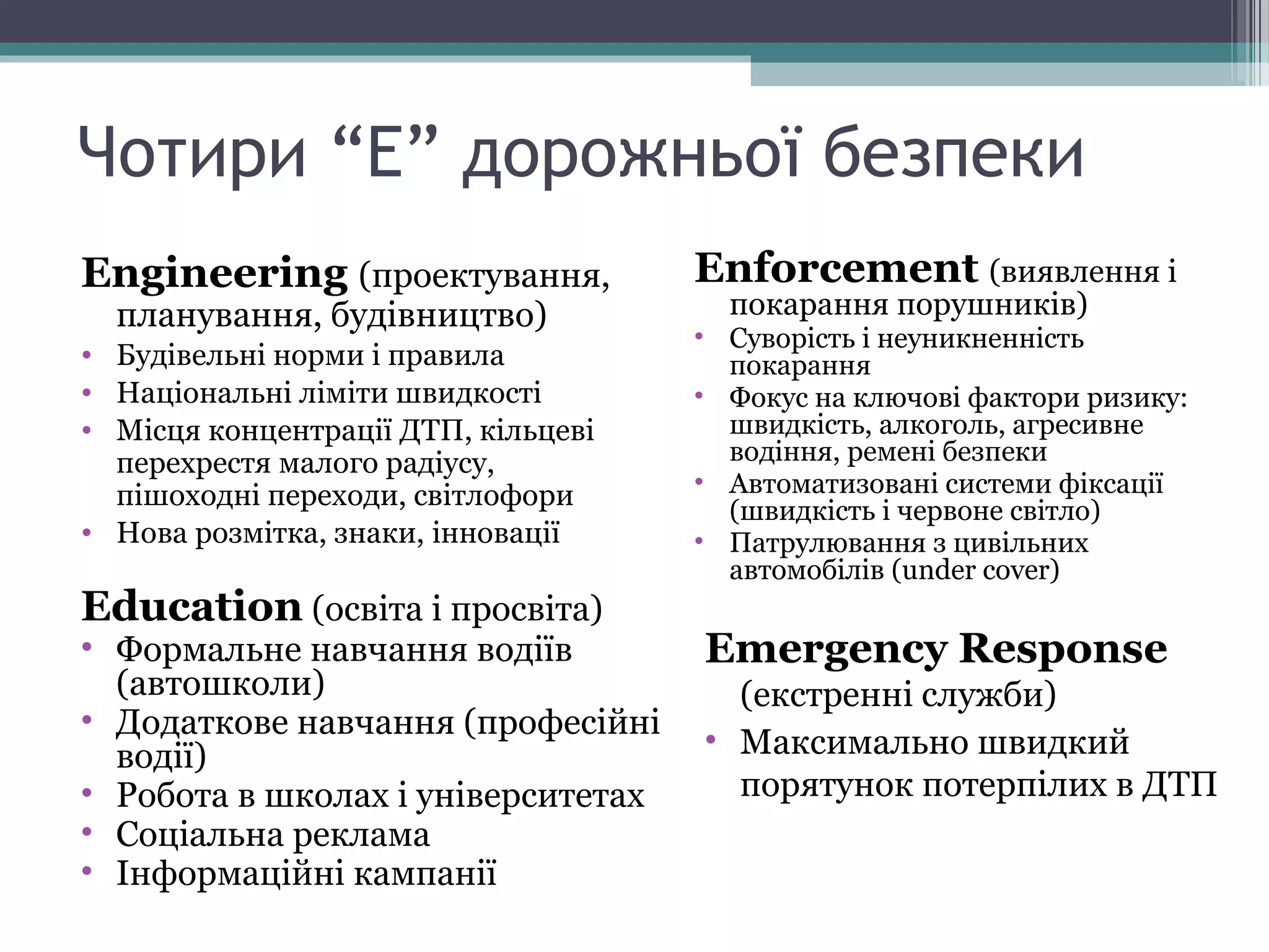 Чотири “E” дорожньої безпеки
Engineering (проектування,
планування, будівництво)
• Будівельні норми і правила
• Національні ліміти швидкості
• Місця концентрації ДТП, кільцеві
перехрестя малого радіусу,
пішоходні переходи, світлофори
• Нова розмітка, знаки, інновації
Enforcement (виявлення і
покарання порушників)
• Суворість і неуникненність
покарання
• Фокус на ключові фактори ризику:
швидкість, алкоголь, агресивне
водіння, ремені безпеки
• Автоматизовані системи фіксації
(швидкість і червоне світло)
• Патрулювання з цивільних
автомобілів (under cover)
Education (освіта і просвіта)
• Формальне навчання водіїв
(автошколи)
• Додаткове навчання (професійні
водії)
• Робота в школах і університетах
• Соціальна реклама
• Інформаційні кампанії
Emergency Response
(екстренні служби)
• Максимально швидкий
порятунок потерпілих в ДТП
 