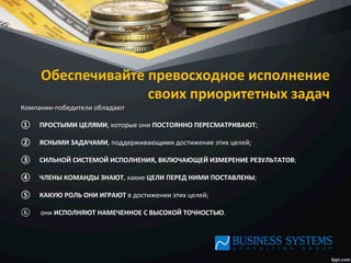 Обеспечивайте	
  превосходное	
  исполнение	
  
своих	
  приоритетных	
  задач	
  
Компании-­‐победители	
  обладают	
  
①  ПРОСТЫМИ	
  ЦЕЛЯМИ,	
  которые	
  они	
  ПОСТОЯННО	
  ПЕРЕСМАТРИВАЮТ;	
  
②  ЯСНЫМИ	
  ЗАДАЧАМИ,	
  поддерживающими	
  достижение	
  этих	
  целей;	
  
③  СИЛЬНОЙ	
  СИСТЕМОЙ	
  ИСПОЛНЕНИЯ,	
  ВКЛЮЧАЮЩЕЙ	
  ИЗМЕРЕНИЕ	
  РЕЗУЛЬТАТОВ;	
  
④  ЧЛЕНЫ	
  КОМАНДЫ	
  ЗНАЮТ,	
  какие	
  ЦЕЛИ	
  ПЕРЕД	
  НИМИ	
  ПОСТАВЛЕНЫ;	
  
⑤  КАКУЮ	
  РОЛЬ	
  ОНИ	
  ИГРАЮТ	
  в	
  достижении	
  этих	
  целей;	
  
⑥  они	
  ИСПОЛНЯЮТ	
  НАМЕЧЕННОЕ	
  С	
  ВЫСОКОЙ	
  ТОЧНОСТЬЮ.	
  
 