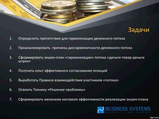 Задачи	
  
1.  Определить	
  препятствия	
  для	
  гармонизации	
  денежного	
  потока	
  
2.  Проанализировать	
  	
  причины	
  дисгармоничности	
  денежного	
  потока	
  
3.  Сформировать	
  экшен-­‐план	
  «гармонизации»	
  потока	
  «деньги-­‐товар-­‐деньги	
  
штрих»	
  
4.  Получить	
  опыт	
  эффективного	
  согласования	
  позиций	
  
5.  Выработать	
  Правила	
  взаимодействия	
  участников	
  «потока»	
  
6.  Освоить	
  Технику	
  «Решение	
  проблемы»	
  
7.  Сформировать	
  механизм	
  контроля	
  эффективности	
  реализации	
  экшен-­‐плана	
  
 