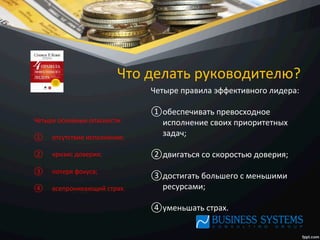 Что	
  делать	
  руководителю?	
  
Четыре	
  основные	
  опасности:	
  
	
  
①  	
  	
  	
  	
  отсутствие	
  исполнения;	
  
②  	
  	
  	
  	
  кризис	
  доверия;	
  
③  	
  	
  	
  	
  потеря	
  фокуса;	
  
④  	
  	
  	
  	
  всепроникающий	
  страх.	
  
Четыре	
  правила	
  эффективного	
  лидера:	
  
	
  
① обеспечивать	
  превосходное	
  
исполнение	
  своих	
  приоритетных	
  
задач;	
  
② двигаться	
  со	
  скоростью	
  доверия;	
  
③ достигать	
  большего	
  с	
  меньшими	
  
ресурсами;	
  
④ уменьшать	
  страх.	
  
 