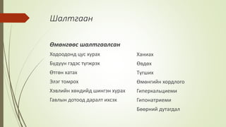 Шалтгаан
Өмөнгөөс шалтгаалсан
Ходоодонд цус хурах
Бүдүүн гэдэс түгжрэх
Өтгөн хатах
Элэг томрох
Хэвлийн хөндийд шингэн хурах
Гавлын дотоод даралт ихсэх
Ханиах
Өвдөх
Түгших
Өмөнгийн хордлого
Гиперкальциеми
Гипонатриеми
Бөөрний дутагдал
 