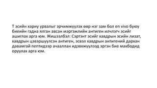 Т эсийн хариу урвалыг эрчимжүүлэх өөр нэг зам бол en vivo буюу
биеийн гадна ялган авсан мэргэжлийн антиген илчлэгч эсийг
ашиглах арга юм. Жишээлбэл: Сэртэнт эсийг хавдрын эсийн лизат,
хавдрын цэвэршүүлсэн антиген, эсвэл хавдрын антигений дархан
давамгай пептидээр ачааллан идэвхжүүлээд эргэн бие махбодид
оруулах арга юм.
 