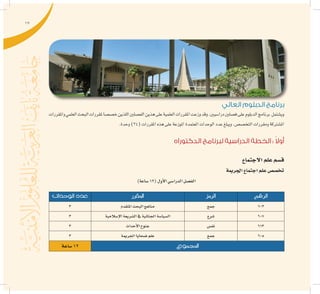 17
‫العالي‬ ‫الدبلوم‬ ‫برنامج‬
‫واملقررات‬‫العلمي‬‫البحث‬‫ملقررات‬‫خ�ص�صا‬‫اللذين‬‫الف�صلني‬‫هذين‬‫على‬‫العلمية‬‫املقررات‬‫وزعت‬‫وقد‬.‫درا�سيني‬‫ف�صلني‬‫على‬‫الدبلوم‬‫برنامج‬ ‫وي�شتمل‬
.‫وحدة‬)24(‫املقررات‬‫هذه‬‫على‬‫املوزعة‬‫املعتمدة‬‫الوحدات‬‫عدد‬‫ويبلغ‬.‫التخ�ص�ص‬‫ومقررات‬‫امل�شرتكة‬
‫الدكتوراه‬ ‫لبرنامج‬ ‫الدراسية‬ ‫الخطة‬ : ً‫ال‬‫أو‬
‫االجتماع‬‫علم‬‫ق�سم‬
‫اجلرمية‬‫اجتماع‬‫علم‬‫تخ�ص�ص‬
)‫�ساعة‬12(‫أول‬‫ل‬‫ا‬‫الدرا�سي‬‫الف�صل‬
‫الرقم‬‫الرمز‬‫املقرر‬‫الوحدات‬ ‫عدد‬
603‫جمع‬‫املتقدم‬‫البحث‬‫مناهج‬3
607‫�شرع‬‫إ�سالمية‬‫ل‬‫ا‬‫ال�شريعة‬‫يف‬‫اجلنائية‬‫ال�سيا�سة‬3
613‫نف�س‬‫أحداث‬‫ل‬‫ا‬‫جنوح‬3
605‫جمع‬‫اجلرمية‬‫�ضحايا‬‫علم‬3
‫املجموع‬‫�ساعة‬12
 