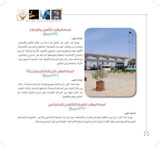 46
‫5102م‬ ‫ـــ‬ ‫6341هــ‬ ‫واإلدارية‬ ‫االجتماعية‬ ‫العلوم‬ ‫كلية‬ ‫دليل‬
‫واإلصالح‬ ‫التأهيل‬ :‫المقرر‬ ‫اسم‬
)‫(916جمع‬
‫املقرر‬‫أهداف‬�
.‫إ�صالح‬‫ل‬‫وا‬ ‫أهيل‬�‫الت‬ ‫نظام‬ ‫دور‬ ‫درا�سة‬ ‫يف‬ ‫التعمق‬ ‫إىل‬� ‫املقرر‬ ‫هذا‬ ‫يهدف‬
‫إ�صالحية‬‫ل‬‫ا‬ ‫ؤ�س�سات‬�‫وامل‬ )‫(املحاكم‬ ‫الق�ضائية‬ ‫ؤ�س�سات‬�‫امل‬ ‫ووظائف‬ ‫دور‬ ‫وبخا�صة‬
‫الربامج‬ ‫ومعاجلة‬ ‫أمنية‬‫ل‬‫ا‬ ‫أجهزة‬‫ل‬‫ل‬ ‫ال�ضبطي‬ ‫والدور‬ ‫واحلكومية‬ ‫منها‬ ‫أهلية‬‫ل‬‫ا‬
،‫واجلانحني‬ ‫املذنبني‬ ‫على‬ ‫امليدانية‬ ‫وتطبيقاتها‬ ‫املختلفة‬ ‫إ�صالحية‬‫ل‬‫ا‬ ‫والنماذج‬
‫عودة‬ ‫لت�سهيل‬ ً‫ا‬‫خ�صي�ص‬ ‫املعدة‬ ‫أهيلية‬�‫والت‬ ‫النف�سية‬ ‫بالربامج‬ ‫خا�ص‬ ‫اهتمام‬ ‫مع‬
.‫املجتمع‬‫إىل‬�‫واجلانحني‬‫النزالء‬
‫المستحدثة‬ ‫الجرائم‬ :‫المقرر‬ ‫اسم‬
)‫(226جمع‬
‫املقرر‬‫أهداف‬�
‫وذلك‬ . ‫امل�ستحدثة‬ ‫اجلرائم‬ ‫وق�ضايا‬ ‫مو�ضوع‬ ‫معاجلة‬ ‫إىل‬� ‫املقرر‬ ‫هذا‬ ‫يهدف‬
‫التعرف‬‫وكذلك‬.‫أبعادها‬�‫و‬‫أمناطها‬�‫و‬ ‫امل�ستحدثة‬‫اجلرائم‬‫على‬‫التعرف‬‫خالل‬‫من‬
‫يف‬ ‫املعتمدة‬ ‫والطرق‬ ‫ال�سبل‬ ‫وعلى‬ ‫التقليدية‬ ‫اجلرائم‬ ‫وبني‬ ‫بينها‬ ‫الفرق‬ ‫إىل‬�
.‫ومكافحتها‬‫معها‬‫التعامل‬
‫االجتماعي‬ ‫القانوني‬ ‫الضبط‬ :‫المقرر‬ ‫اسم‬
)‫(326جمع‬
‫املقرر‬‫أهداف‬�
‫واالجتماعية‬ ‫القانونية‬ ‫والتدابري‬ ‫االجتماعي‬ ‫ال�ضبط‬ ‫ؤ�س�سات‬�‫م‬ ‫حول‬ ‫واالجتاهات‬ ‫واخلربات‬ ‫باملعارف‬ ‫الطلبة‬ ‫تزويد‬ ‫إىل‬� ‫املقرر‬ ‫هذا‬ ‫يهدف‬
.‫ؤ�س�ساته‬�‫وم‬‫املجتمع‬‫كيان‬‫على‬‫للحفاظ‬ ،‫االنحرافية‬‫والدوافع‬‫وامليول‬‫النوازع‬‫وتعديل‬‫أفراد‬‫ل‬‫ا‬‫�سلوك‬‫على‬‫لل�سيطرة‬‫ال�ضرورية‬
 