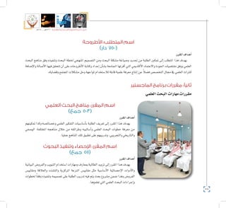 58
‫5102م‬ ‫ـــ‬ ‫6341هــ‬ ‫واإلدارية‬ ‫االجتماعية‬ ‫العلوم‬ ‫كلية‬ ‫دليل‬
‫األطروحة‬ :‫المتطلب‬ ‫اسم‬
)‫دار‬ 750(
‫املقرر‬‫أهداف‬�
‫البحث‬ ‫مناهج‬ ‫وفق‬ ‫وتنفيذه‬ ‫البحث‬ ‫خلطة‬ ‫املنهجي‬ ‫الت�صميم‬ ‫ومن‬ ‫البحث‬ ‫م�شكلة‬ ‫و�صياغة‬ ‫حتديد‬ ‫من‬ ‫الطلبة‬ ‫متكني‬ ‫إىل‬� ‫املتطلب‬ ‫هذا‬ ‫يهدف‬
‫إ�ضافة‬‫ل‬‫وا‬ ‫أ�صالة‬‫ل‬‫ا‬ ‫فيها‬ ‫تتحقق‬ ‫أن‬� ‫على‬ ‫أطروحات‬‫ل‬‫ا‬ ‫وكتابة‬ ‫إعداد‬� ‫أن‬�‫ب�ش‬ ‫اجلامعة‬ ‫أقرتها‬� ‫التي‬ ‫أكادميي‬‫ل‬‫ا‬ ‫واالعتماد‬ ‫اجلودة‬ ‫مقت�ضيات‬ ‫ووفق‬ ‫العلمي‬
.‫وق�ضاياه‬‫املجتمع‬‫م�شكالت‬‫وحل‬‫ملواجهة‬‫لال�ستخدام‬‫قابلة‬‫علمية‬‫معرفة‬‫إنتاج‬�‫عن‬ ً‫ال‬‫ف�ض‬‫التخ�ص�ص‬‫جمال‬‫يف‬‫العلمي‬‫للرتاث‬
‫الماجستير‬ ‫برنامج‬ ‫مقررات‬ :‫ثانيًا‬
‫العلمي‬‫البحث‬‫مهارات‬‫مقررات‬
‫العلمي‬ ‫البحث‬ ‫مناهج‬ :‫المقرر‬ ‫اسم‬
)‫جمع‬ 503(
‫املقرر‬‫أهداف‬�
‫متكينهم‬ ‫وكذا‬ ‫وخ�صائ�صه‬ ‫العلمي‬ ‫التفكري‬ ‫أ�سا�سيات‬�‫ب‬ ‫الطلبة‬ ‫تعريف‬ ‫إىل‬� ‫املقرر‬ ‫هذا‬ ‫يهدف‬
‫الو�صفي‬ :‫املختلفة‬ ‫مناهجه‬ ‫خالل‬ ‫من‬ ‫وطرائقه‬ ‫أ�ساليبه‬�‫و‬ ‫العلمي‬ ‫البحث‬ ‫خطوات‬ ‫معرفة‬ ‫من‬
.‫عمليا‬‫املناهج‬‫تلك‬‫تطبيق‬‫على‬‫وتدريبهم‬,‫والتجريبي‬‫والتاريخي‬
‫البحوث‬ ‫وتنفيذ‬ ‫اإلحصاء‬ :‫المقرر‬ ‫اسم‬
)‫جمع‬ 511(
‫املقرر‬‫أهداف‬�
‫البيانية‬‫والفرو�ض‬‫التبويب‬‫ا�ستخدام‬‫ومهارات‬‫مبعارف‬‫الطالبة‬‫تزويد‬‫إىل‬�‫املقرر‬‫هذا‬‫يهدف‬
‫ومقايي�س‬ ‫والعالقة‬ ‫والت�شتت‬ ‫املركزية‬ ‫النزعة‬ ‫مقايي�س‬ ‫مثل‬ ‫أ�سا�سية‬‫ل‬‫ا‬ ‫إح�صائية‬‫ل‬‫ا‬ ‫أدوات‬‫ل‬‫وا‬
‫خلطوات‬ ً‫ا‬‫وفق‬ ‫وتنفيذه‬ ‫ت�صميمه‬ ‫على‬ ‫الطلبة‬ ‫تدريب‬ ‫فيه‬ ‫يتم‬ ‫بحث‬ ‫م�شروع‬ ‫�ضمن‬ ‫وهذا‬ ‫الفرو�ض‬
.‫تعلموها‬‫التي‬‫العلمي‬‫البحث‬‫إجراءات‬�‫و‬
 