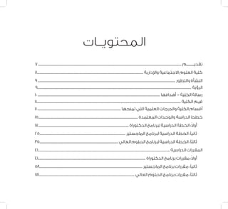 7 ................................................................................................................................................................................. ‫تقديــــــــم‬
8................................................................................................................................... ‫واإلدارية‬ ‫االجتماعية‬ ‫العلوم‬ ‫كلية‬
9..........................................................................................................................................................................‫والتطور‬‫النشأة‬
9.............................................................................................................................................................................................. ‫الرؤية‬
10 ....................................................................................................................................................... ‫أهدافها‬ - ‫الكلية‬ ‫رسالة‬
11.................................................................................................................................................................................. ‫الكلية‬ ‫قيم‬
11 ....................................................................................................... ‫تمنحها‬ ‫التي‬ ‫العلمية‬ ‫والدرجات‬ ‫الكلية‬ ‫أقسام‬
15........................................................................................................................... ‫المعتمدة‬ ‫والوحدات‬ ‫الدراسة‬ ‫خطط‬
17................................................................................................................ ‫الدكتوراة‬ ‫لبرنامج‬ ‫الدراسية‬ ‫الخطة‬ :ً‫ال‬‫أو‬
25.......................................................................................................... ‫الماجستير‬ ‫لبرنامج‬ ‫الدراسية‬ ‫الخطة‬ :‫ثانيًا‬
35................................................................................................. ‫العالي‬ ‫الدبلوم‬ ‫لبرنامج‬ ‫الدراسية‬ ‫الخطة‬ :‫ثالثًا‬
41...................................................................................................................................................................‫الدراسية‬‫المقررات‬
41..................................................................................................................................... ‫الدكتوراة‬ ‫برنامج‬ ‫مقررات‬ :ً‫ال‬‫أو‬
58............................................................................................................................... ‫الماجستير‬ ‫برنامج‬ ‫مقررات‬ :‫ثانيًا‬
78...................................................................................................................... ‫العالي‬ ‫الدبلوم‬ ‫برنامج‬ ‫مقررات‬ :‫ثالثًا‬
‫المحتويــات‬
 