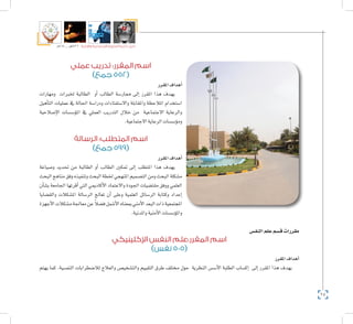 64
‫5102م‬ ‫ـــ‬ ‫6341هــ‬ ‫واإلدارية‬ ‫االجتماعية‬ ‫العلوم‬ ‫كلية‬ ‫دليل‬
‫عملي‬ ‫تدريب‬ :‫المقرر‬ ‫اسم‬
)‫جمع‬ 552(
‫املقرر‬‫أهداف‬�
‫ومهارات‬ ‫خلربات‬ ‫الطالبة‬ ‫أو‬� ‫الطالب‬ ‫ممار�سة‬ ‫إىل‬� ‫املقرر‬ ‫هذا‬ ‫يهدف‬
‫أهيل‬�‫الت‬ ‫عمليات‬ ‫يف‬ ‫احلالة‬ ‫ودرا�سة‬ ‫واال�ستفتاءات‬ ‫واملقابلة‬ ‫املالحظة‬ ‫ا�ستخدام‬
‫إ�صالحية‬‫ل‬‫ا‬ ‫ؤ�س�سات‬�‫امل‬ ‫يف‬ ‫العملي‬ ‫التدريب‬ ‫خالل‬ ‫من‬ ‫االجتماعية‬ ‫والرعاية‬
.‫االجتماعية‬‫الرعاية‬‫ؤ�س�سات‬�‫وم‬
‫الرسالة‬ :‫المتطلب‬ ‫اسم‬
)‫جمع‬ 599(
‫املقرر‬‫أهداف‬�
‫و�صياغة‬ ‫حتديد‬ ‫من‬ ‫الطالبة‬ ‫أو‬� ‫الطالب‬ ‫متكني‬ ‫إىل‬� ‫املتطلب‬ ‫هذا‬ ‫يهدف‬
‫البحث‬‫مناهج‬‫وفق‬‫وتنفيذه‬‫البحث‬‫خلطة‬‫املنهجي‬‫الت�صميم‬‫ومن‬‫البحث‬‫م�شكلة‬
‫أن‬�‫ب�ش‬ ‫اجلامعة‬ ‫أقرتها‬� ‫التي‬ ‫أكادميي‬‫ل‬‫ا‬ ‫واالعتماد‬ ‫اجلودة‬ ‫مقت�ضيات‬ ‫ووفق‬ ‫العلمي‬
‫والق�ضايا‬ ‫امل�شكالت‬ ‫الر�سالة‬ ‫تعالج‬ ‫أن‬� ‫وعلى‬ ‫العلمية‬ ‫الر�سائل‬ ‫وكتابة‬ ‫إعداد‬�
‫أجهزة‬‫ل‬‫ا‬‫م�شكالت‬‫معاجلة‬‫عن‬ ً‫ال‬‫ف�ض‬‫أ�شمل‬‫ل‬‫ا‬‫مبعناه‬‫أمني‬‫ل‬‫ا‬‫البعد‬‫ذات‬‫املجتمعية‬
.‫واملدنية‬‫أمنية‬‫ل‬‫ا‬‫ؤ�س�سات‬�‫وامل‬
‫النف�س‬‫علم‬‫ق�سم‬‫مقررات‬
‫اإلكلينيكي‬ ‫النفس‬ ‫المقرر:علم‬ ‫اسم‬
)‫نفس‬ 505(
‫املقرر‬‫أهداف‬�
‫يهتم‬ ‫كما‬ .‫النف�سية‬ ‫لال�ضطرابات‬ ‫والعالج‬ ‫والت�شخي�ص‬ ‫التقييم‬ ‫طرق‬ ‫خمتلف‬ ‫حول‬ ‫النظرية‬ ‫أ�س�س‬‫ل‬‫ا‬ ‫الطلبة‬ ‫إك�ساب‬� ‫إىل‬� ‫املقرر‬ ‫هذا‬ ‫يهدف‬
 