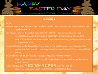 แหล่งอ้างอิง
เว็บไซต์:
pornphanh. ๒๕๕๖. เทศกาลอีสเตอร์ Easter. (ออนไลน์). แหล่งที่มา : http://teen.mthai.com/ variety/57689.html. ๑๓
พฤศจิกายน ๒๕๕๗.
historychannel. History of the Holidays: Easter. (ออนไลน์). แหล่งที่มา : http://www.youtube.com/ watch
?v=eJYXMIJrhRI. ๑๓ พฤศจิกายน ๒๕๕๗. ทรูปลูกปัญญา. ประวัติความเป็นมาของวันอีสเตอร์.
(ออนไลน์). แหล่งที่มา : http://www.trueplook panya.com/true/knowledge_youtube.php?youtube_id=411.
๑๓ พฤศจิกายน ๒๕๕๗.
CookingAndCrafting. ๒๕๕๕. How to Make Groovy Easter Egg Art with Bain marble eggs all the colors of the
rainbow. (ออนไลน์). แหล่งที่มา : https://www.youtube.com/watch?v=Na6MX7 u-SeA. ๑๓ พฤศจิกายน
๒๕๕๗.
HouseholdHacker. ๒๕๕๕. How to make Amazing Easter Egg art!. (ออนไลน์). แหล่งที่มา :
https://www.youtube.com/watch?v=YgvG9f_XJ6k&spfreload=10. ๑๔ พฤศจิกายน ๒๕๕๗.Eugenie
Kitchen. ๒๕๕๕.
Easter Marble Egg Recipe 부활절 대리석 달걀 만들기. (ออนไลน์). แหล่งที่มา :
https://www.youtube.com/watch?v=6BZTBN9y55s. ๑๔ พฤศจิกายน ๒๕๕๗.
 