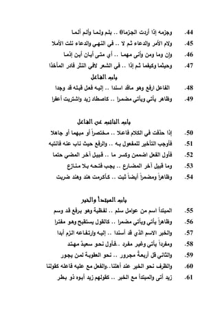 44.‫الج‬ ‫أردت‬ ‫إذا‬ ‫وجزمه‬‫ـ‬‫زما‬0‫بل‬ ..‫ـ‬‫ول‬ ‫م‬‫ـ‬‫م‬‫ـ‬‫أل‬‫و‬ ‫ا‬‫ـ‬‫أل‬ ‫م‬‫ـ‬‫م‬‫ـ‬‫ا‬
45.‫ث‬ ‫الدعاء‬‫و‬ ‫األمر‬ ‫الم‬‫و‬‫ـ‬‫النه‬ ‫في‬ .. ‫ال‬ ‫م‬‫ـ‬‫األمال‬ ‫نلت‬ ‫الدعاء‬‫و‬ ‫ي‬
46.‫مهم‬ ‫أنى‬‫و‬ ‫ومن‬ ‫وما‬ ‫ن‬‫ا‬‫و‬‫ـ‬‫مت‬ ‫أي‬ .. ‫ا‬‫ـ‬‫أي‬ ‫ى‬‫ـ‬‫أي‬ ‫ان‬‫ـ‬‫إذم‬ ‫ن‬‫ـ‬‫ا‬
47.‫ث‬ ‫وكيفما‬ ‫وحيثما‬‫ـ‬‫المأخذا‬ ‫فادر‬ ‫النثر‬ ‫الفي‬ ‫الشعر‬ ‫في‬ .. ‫إذا‬ ‫م‬
‫اعل‬‫الف‬ ‫باب‬
48.‫إلي‬ .. ‫اسندا‬ ‫ماقد‬ ‫وهو‬ ‫ارفع‬ ‫الفاعل‬‫ـ‬‫فع‬ ‫ه‬‫ـ‬‫قب‬ ‫ل‬‫ـ‬‫وجدا‬ ‫قد‬ ‫له‬
49.‫مضم‬ ‫ويأتي‬ ‫يأتي‬ ‫وظاهر‬‫ـ‬‫ا‬‫ر‬‫أعف‬ ‫اشتريت‬‫و‬ ‫زيد‬ ‫كاصطاد‬ .. ‫ا‬‫ر‬
‫اعل‬ ‫الف‬ ‫عن‬ ‫النائب‬ ‫باب‬
50.‫فاع‬ ‫الكالم‬ ‫في‬ ‫حذفت‬ ‫إذا‬‫ـ‬‫م‬ .. ‫ال‬‫ـ‬‫أ‬ ‫مبهما‬ ‫أو‬ ً‫ا‬‫ر‬‫ختص‬‫جاهال‬ ‫و‬
51.‫ب‬ ‫للمفعول‬ ‫التأخير‬ ‫فأوجب‬‫ـ‬‫فانتبه‬ ‫عنه‬ ‫ناب‬ ‫حيث‬ ‫الرفع‬‫و‬ .. ‫ه‬
52.‫ق‬ .. ‫ما‬ ‫وكسر‬ ‫اضممن‬ ‫الفعل‬ ‫فأول‬‫ـ‬‫بي‬‫ـ‬‫آخ‬ ‫ل‬‫ـ‬‫حتما‬ ‫المضي‬ ‫ر‬
53.‫المض‬ ‫آخر‬ ‫قبيل‬ ‫وما‬‫ـ‬‫ع‬‫مـنـاز‬ ‫بـال‬ ‫فتـحـه‬ ‫يجـب‬ .. ‫ع‬‫ار‬
54.‫ك‬ .. ‫ثبت‬ ً‫ا‬‫أيض‬ ً‫ا‬‫ر‬‫ومضم‬ ً‫ا‬‫ر‬‫وظاه‬‫ـ‬‫أك‬‫ـ‬‫ضربت‬ ‫وهند‬ ‫هند‬ ‫رمت‬
‫والخبر‬ ‫المبتدأ‬ ‫باب‬
55.‫عو‬ ‫من‬ ‫اسم‬ ‫المبتدأ‬‫لف‬ .. ‫سلم‬ ‫امل‬‫ـ‬‫ب‬ ‫وهو‬ ‫ظية‬‫ـ‬‫ق‬ ‫رفع‬‫ـ‬‫وسم‬ ‫د‬
56.‫وه‬ ‫يستقبح‬ ‫كالقول‬ .. ‫ا‬‫ر‬‫مضم‬ ‫ويأتي‬ ‫يأتي‬ ً‫ا‬‫ر‬‫وظاه‬‫ـ‬‫مفت‬ ‫و‬‫ـ‬‫ا‬‫ر‬
57.‫إلي‬ .. ‫أسندا‬ ‫قد‬ ‫الذي‬ ‫االسم‬ ‫الخبر‬‫و‬‫ـ‬‫ارت‬‫و‬ ‫ه‬‫ـ‬‫ف‬‫ـ‬‫ال‬ ‫اعه‬‫ـ‬‫أبدا‬ ‫زم‬
58.‫وغي‬ ‫يأتي‬ ً‫ا‬‫ومفرد‬‫ـ‬‫مف‬ ‫ر‬‫ـ‬.. ‫رد‬‫م‬ ٌ‫سعيـد‬ ‫نحـو‬ ‫فـأول‬‫هـتـد‬
59.‫أربع‬ ‫قل‬ ‫الثاني‬‫و‬‫ـ‬ٌ‫ة‬‫يجـ‬ ‫لمـن‬ ‫العقوبـة‬ ‫نحو‬ .. ‫مجـرور‬‫ور‬
60.‫و‬..‫أهلنا‬ ‫عند‬ ‫الخير‬ ‫نحو‬ ‫الظرف‬‫كقولنا‬ ‫فاعله‬ ‫عليه‬ ‫مع‬ ‫الفعل‬‫و‬
61.‫أب‬ ‫زيد‬ ‫كقولهم‬ .. ‫الخبر‬ ‫مع‬ ‫المبتدأ‬‫و‬ ‫أتى‬ ‫زيد‬‫ـ‬‫ب‬ ‫ذو‬ ‫وه‬‫ـ‬‫طـر‬
 