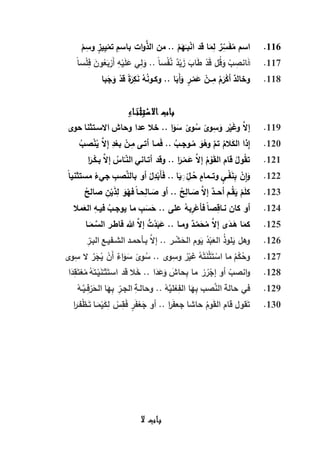116.ْ‫م‬ِّ‫وس‬ ٍ‫يز‬ِّ‫ي‬ْ‫تم‬ ِّ‫باسم‬ ‫ات‬‫و‬َّ‫الذ‬ ‫من‬ .. ْ‫م‬َ‫ه‬َ‫بـ‬ْ‫ن‬‫ا‬ ‫قد‬ ‫ا‬َ‫م‬ِّ‫ل‬ ٌ‫ر‬ِّ‫س‬َ‫ف‬ُ‫م‬ ‫اسم‬
117.َ‫ف‬ً‫ا‬‫س‬ْ‫ل‬ِّ‫ف‬ َ‫ون‬ُ‫ع‬َ‫ب‬ْ‫َر‬‫أ‬ ِّ‫ه‬ْ‫ي‬َ‫ل‬َ‫ع‬ ‫ي‬ِّ‫ل‬َ‫و‬ .. ً‫ا‬‫س‬ْ‫ف‬َّ‫ن‬ ٌ‫د‬ْ‫ي‬َ‫ز‬ َ‫اب‬َ‫ط‬ ْ‫د‬َ‫ق‬ ‫ل‬ُ‫ق‬َ‫و‬ ْ‫ب‬ ِّ‫انص‬
118.ْ‫ــن‬ِّ‫م‬ ُ‫م‬َ‫ر‬ْ‫أك‬ ٌ‫وخالد‬‫با‬َ‫ج‬َ‫و‬ ْ‫قد‬ ً‫ة‬َ‫ر‬ِّ‫ك‬َ‫ن‬ ُ‫ه‬ُ‫ن‬‫وكـو‬ .. ‫ا‬َ‫َب‬‫أ‬َ‫و‬ ٍ‫ـر‬ْ‫م‬َ‫ع‬
‫اء‬َ‫ن‬ْ‫ث‬‫ت‬ْ‫االس‬ ‫باب‬
119.‫حوى‬ ‫االسـتثنا‬ ‫وحاش‬ ‫عدا‬ ‫خال‬ .. ‫ا‬َ‫و‬َ‫س‬ ً‫وى‬ُ‫س‬ ً‫وى‬ِّ‫س‬َ‫و‬ ‫ر‬ْ‫ي‬َ‫غ‬‫و‬ َّ‫إال‬
120.ُ‫صب‬ْ‫ن‬ُ‫ي‬ َّ‫ال‬ِّ‫إ‬ ِّ‫د‬ْ‫بع‬ ْ‫ـن‬ِّ‫م‬ ‫أتـى‬ ‫مـا‬َ‫ف‬ .. ُ‫ـوجـب‬ُ‫م‬ َ‫و‬ْ‫وه‬ َّ‫تم‬ ُ‫الم‬َ‫الك‬ ‫ذا‬ِّ‫إ‬
121.‫أتـاني‬ ‫وقد‬ .. ‫ا‬َ‫ـر‬ْ‫ـم‬َ‫ع‬ َّ‫إال‬ ُ‫م‬ ْ‫و‬َ‫ق‬‫ال‬ ‫قام‬ ُ‫ول‬ُ‫ق‬‫ت‬‫ا‬َ‫ـر‬ْ‫بـك‬ َّ‫إال‬ ُ‫اس‬ً‫ـ‬‫الن‬
122.ً‫ا‬‫مستثني‬ ْ‫جيء‬ ِّ‫صب‬َّ‫بالن‬ ‫أو‬ ْ‫ل‬ِّ‫د‬ْ‫َب‬‫أ‬َ‫ف‬ .. ‫ا‬َ‫ي‬َِّ ِّ‫ـل‬ُ‫ح‬ ٍ‫وتــمام‬ ٍ‫ـي‬ْ‫ف‬َ‫ن‬ِّ‫ب‬ ْ‫ن‬‫ا‬َ‫و‬
123.ُ‫صالح‬ ِّ‫ن‬ْ‫ي‬َ‫ذ‬ِّ‫ل‬ َ‫و‬ْ‫فه‬ ً‫ا‬‫حـ‬ِّ‫ـال‬ َ‫ص‬ ‫أو‬ .. ُ‫ح‬ِّ‫ـال‬ َ‫ص‬ َّ‫إال‬ ٌ‫أحــد‬ ‫ـم‬ُ‫ق‬َ‫ي‬ ْ‫م‬َ‫ل‬‫ك‬
124.‫مال‬َ‫الع‬ ِّ‫فيـه‬ ُ‫يوجـب‬ ‫ما‬ ِّ‫ب‬َ‫س‬َ‫ح‬ .. ‫على‬ ُ‫به‬ِّ‫ر‬ْ‫فأع‬ ً‫ا‬‫ص‬ِّ‫نـاق‬ ‫كان‬ ‫أو‬
125.َّ‫إال‬ ‫ى‬َ‫ـد‬َ‫ه‬ ‫ا‬َ‫كم‬‫ـا‬َ‫ـم‬َّ‫الس‬ ‫فاطـر‬ ‫هللا‬ َّ‫إال‬ ُّ‫ت‬ْ‫د‬َ‫ب‬َ‫ع‬ .. ‫ومـا‬ ٌ‫ـد‬َّ‫م‬َ‫ح‬ُ‫م‬
126.ِّ‫ر‬َ‫البـ‬ ‫الشـفيـع‬ ‫بـأحمـد‬ َّ‫إال‬ .. ‫ـر‬ ْ‫ش‬َ‫الح‬ ‫وم‬َ‫ي‬ ُ‫د‬ْ‫ب‬َ‫الع‬ ُ‫ذ‬‫لو‬َ‫ي‬ ‫وهل‬
127.‫وى‬ِّ‫س‬ ‫ال‬ َّ‫ر‬َ‫ج‬ُ‫ي‬ ْ‫َن‬‫أ‬ ٌ‫اء‬َ‫و‬َ‫س‬ ً‫وى‬ُ‫س‬ .. ‫وى‬ِّ‫وس‬ ُ‫ر‬ْ‫غي‬ ُ‫ه‬ْ‫ت‬َ‫ن‬ْ‫ث‬َ‫ت‬ ْ‫اس‬ ‫ما‬ ُ‫م‬ْ‫ك‬ُ‫وح‬
128.‫ث‬َ‫است‬ ‫قد‬ ‫ال‬َ‫خ‬ .. ‫ا‬َ‫د‬َ‫ع‬َ‫و‬ َ‫حاش‬ِّ‫ب‬ ‫ما‬ ْ‫ر‬ ُ‫ر‬ْ‫إج‬ ‫أو‬ ْ‫انصب‬‫و‬‫ا‬َ‫د‬ِّ‫ق‬َ‫ت‬ْ‫ع‬ُ‫م‬ ُ‫ه‬َ‫ـت‬ْ‫ي‬َ‫ن‬ْ‫ـ‬
129.ْ‫ـه‬َّ‫ـي‬ِّ‫ف‬ْ‫ر‬َ‫الح‬ ‫ا‬َ‫ه‬ِّ‫ب‬ ِّ‫الجـر‬ ِّ‫وحالـة‬ .. ْ‫ه‬َّ‫لي‬ْ‫ع‬ِّ‫الف‬ ‫ا‬َ‫ه‬ِّ‫ب‬ ‫صب‬َّ‫الن‬ ‫حالة‬ ‫في‬
130.‫ا‬‫ر‬َ‫فـ‬ْ‫ظ‬‫ـ‬َ‫ت‬ ‫ـا‬َ‫م‬ْ‫ي‬َ‫ك‬ِّ‫ل‬ ْ‫س‬ِّ‫ق‬َ‫ف‬ ٍ‫ر‬َ‫ف‬ْ‫ع‬َ‫ج‬ ‫أو‬ .. ‫ا‬‫ر‬َ‫ف‬‫جع‬ ‫حاشا‬ ُ‫وم‬َ‫ق‬‫ال‬ ‫قام‬ ‫قول‬َ‫ت‬
‫ال‬ ‫باب‬
 