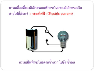 การเคลื่อนที่ของอิเล็กตรอนหรือการไหลของอิเล็กตรอนใน
สายไฟนี้เรียกว่า กระแสไฟฟ้า (Electric current)
กระแสไฟฟ้าจะไหลจากขั้วบวก ไปยัง ขั้วลบ
 