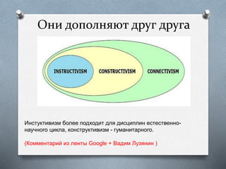 Они дополняют друг друга
Инстуктивизм более подходит для дисциплин естественно-
научного цикла, конструктивизм - гуманитарного.
(Комментарий из ленты Google + Вадим Лузянин )
 