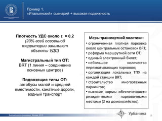 Высшая школа экономики, Москва, 2015
Пример 1.
«Итальянский» сценарий + высокая подвижность
16
Меры транспортной политики:
• ограниченная платная парковка
около центральных остановок BRT;
• реформа маршрутной сети ОТ;
• единый электронный билет;
• небольшое количество
перехватывающих парковок;
• организация локальных ТПУ на
каждой станции BRT;
• строительство многоэтажных
паркингов;
• высокие нормы обеспеченности
резидентными парковочными
местами (2 на домохозяйство).
Плотность УДС около ε = 0,2
(20% всей освоенной
территории занимают
объекты УДС)
Магистральный тип ОТ:
BRT (1 линия – соединение
основных центров)
Подвозящие типы ОТ:
автобусы малой и средней
вместимости, канатные дороги,
водный транспорт
 