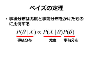 ベイズの定理
• 事後分布は尤度と事前分布をかけたもの
に比例する
)()|()|(  PXPXP 
事後分布 尤度 事前分布
 
