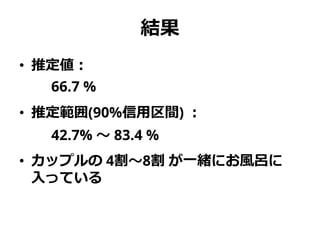 結果
• 推定値：
66.7 %
• 推定範囲(90%信用区間) ：
42.7% ～ 83.4 %
• カップルの 4割～8割 が一緒にお風呂に
入っている
 