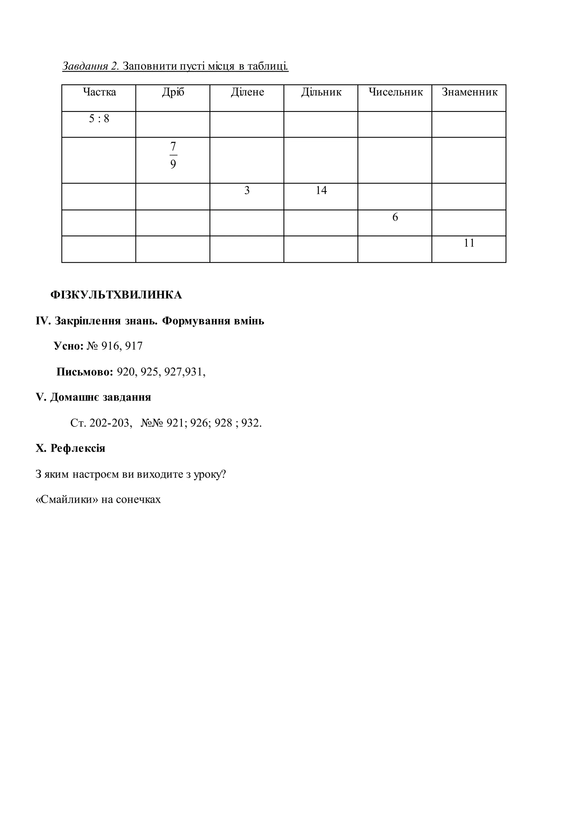 Завдання 2. Заповнити пусті місця в таблиці.
Частка Дріб Ділене Дільник Чисельник Знаменник
5 : 8
9
7
3 14
6
11
ФІЗКУЛЬТХВИЛИНКА
ІV. Закріплення знань. Формування вмінь
Усно: № 916, 917
Письмово: 920, 925, 927,931,
V. Домашнє завдання
Ст. 202-203, №№ 921; 926; 928 ; 932.
Х. Рефлексія
З яким настроєм ви виходите з уроку?
«Смайлики» на сонечках
 