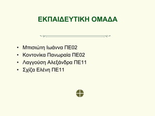 ΕΚΠΑΙΔΕΥΤΙΚΗ ΟΜΑΔΑ
• Μπισιώτη Ιωάννα ΠΕ02
• Κοντονίκα Πανωραία ΠΕ02
• Λαγγούση Αλεξάνδρα ΠΕ11
• Σχίζα Ελένη ΠΕ11
 