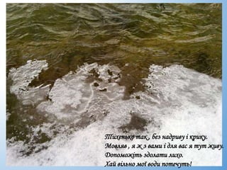 Тихенько так , без надриву і крику.
Мовляв , я ж з вами і для вас я тут живу.
Допоможіть здолати лихо.
Хай вільно мої води потечуть!
 
