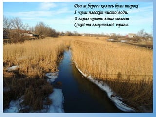 Два ж береги колись були широкі
І чули плескіт чистої води.
А зараз чують лише шелест
Сухої та змертвілої трави.
 