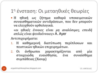 1η ένσταση: Οι μεταηθικές θεωρίες
 Η ηθική ως ζήτημα καθαρά υποκειμενικών
συναισθηματικών αντιδράσεων, που δεν μπορούν
να ελεγχθούν ορθολογικά.
«οι ηθικές έννοιες είναι μη αναλύσιμες, επειδή
απλώς είναι ψευδοέννοιες» A. Ayer
Αντεπιχειρήματα:
1. Η καθημερινή διατύπωση περίπλοκων και
πειστικών ηθικών επιχειρημάτων.
2. Οι άνθρωποι χαρακτηρίζονται από μία
στοιχειώδη ευαισθησία, ένα συναίσθημα
συμπάθειας (Χιουμ)
Ι.Π. ΑΜΠΕΛΑΣ17 ergastiriophilosophias.blogspot.com
 