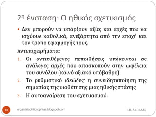 2η ένσταση: Ο ηθικός σχετικισμός
Ι.Π. ΑΜΠΕΛΑΣergastiriophilosophias.blogspot.com18
 Δεν μπορούν να υπάρξουν αξίες και αρχές που να
ισχύουν καθολικά, ανεξάρτητα από την εποχή και
τον τρόπο εφαρμογής τους.
Αντεπιχειρήματα:
1. Οι αντιτιθέμενες πεποιθήσεις υπόκεινται σε
ανάλογες αρχές που αποσκοπούν στην ωφέλεια
του συνόλου (κοινό αξιακό υπόβαθρο).
2. Το ρυθμιστικό ιδεώδες· η συνειδητοποίηση της
σημασίας της υιοθέτησης μιας ηθικής στάσης.
3. Η αυτοαναίρεση του σχετικισμού.
 