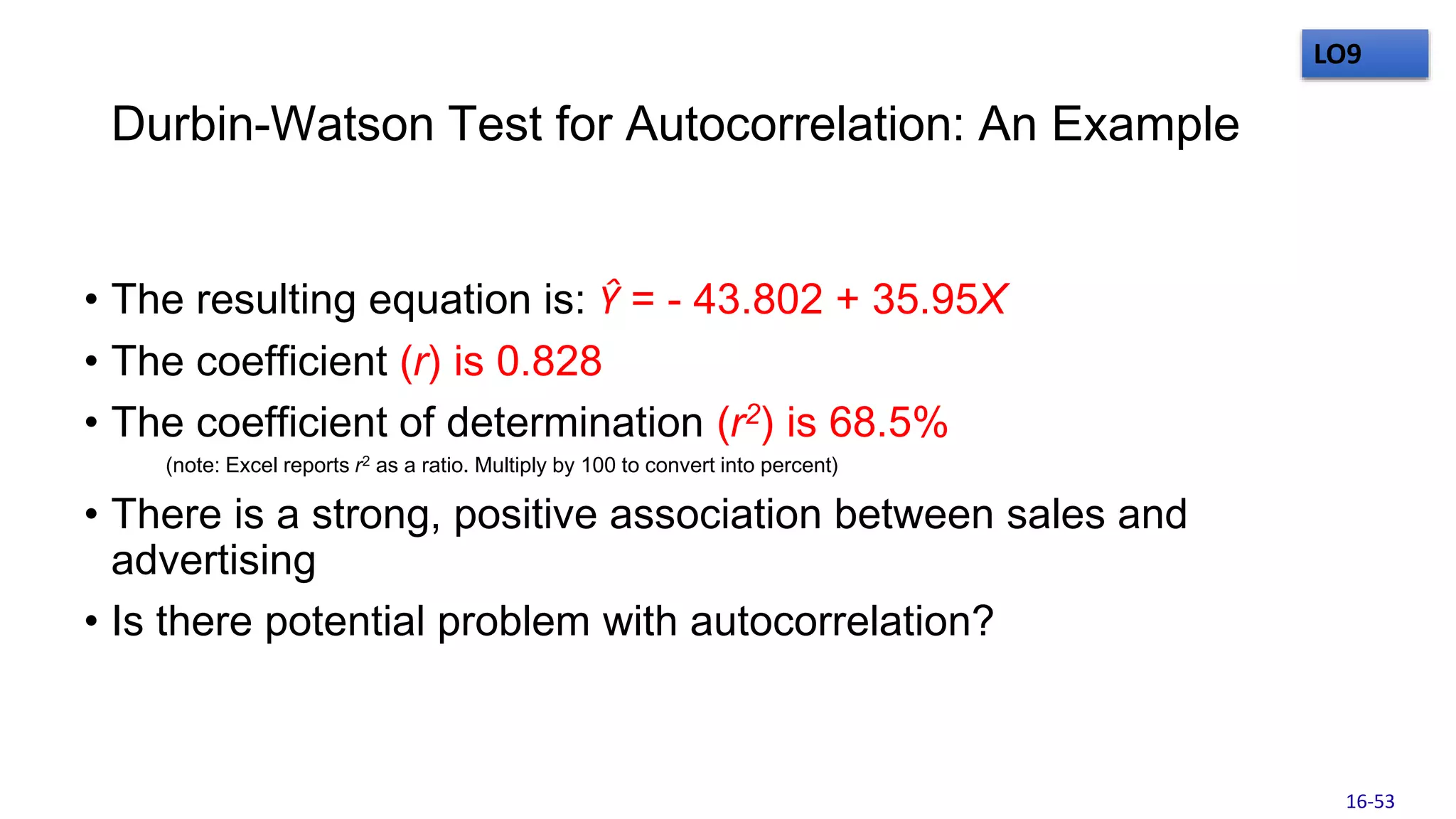 Durbin-Watson Test for Autocorrelation: An Example
• The resulting equation is: Ŷ = - 43.802 + 35.95X
• The coefficient (r) is 0.828
• The coefficient of determination (r2) is 68.5%
(note: Excel reports r2 as a ratio. Multiply by 100 to convert into percent)
• There is a strong, positive association between sales and
advertising
• Is there potential problem with autocorrelation?
LO9
16-53
 