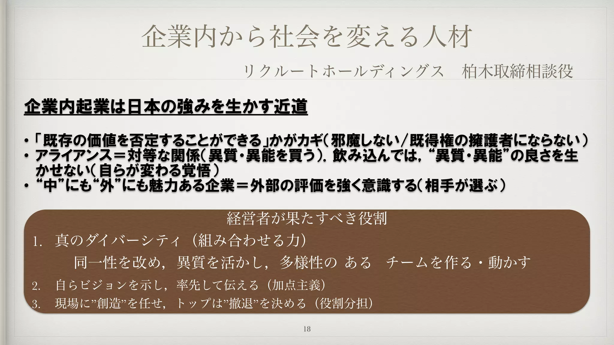 企業内から社会を変える人材
リクルートホールディングス 柏木取締相談役
経営者が果たすべき役割
1. 真のダイバーシティ（組み合わせる力）
	 	 同一性を改め，異質を活かし，多様性の	ある	 チームを作る・動かす
2. 自らビジョンを示し，率先して伝える（加点主義）
3. 現場に”創造”を任せ，トップは”撤退”を決める（役割分担）
企業内起業は日本の強みを生かす近道  
• 「既存の価値を否定することができる」かがカギ（邪魔しない/既得権の擁護者にならない）  
• アライアンス＝対等な関係（異質・異能を買う）．飲み込んでは，“異質・異能”の良さを生
かせない（自らが変わる覚悟）  
• “中”にも“外”にも魅力ある企業＝外部の評価を強く意識する（相手が選ぶ）
18
 