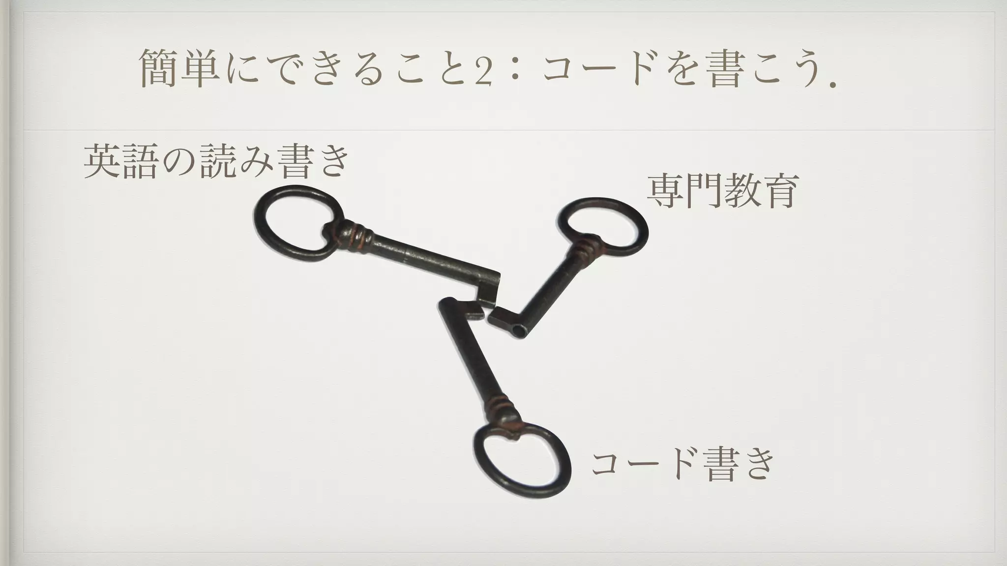 簡単にできること2：コードを書こう．
英語の読み書き
コード書き
専門教育
 