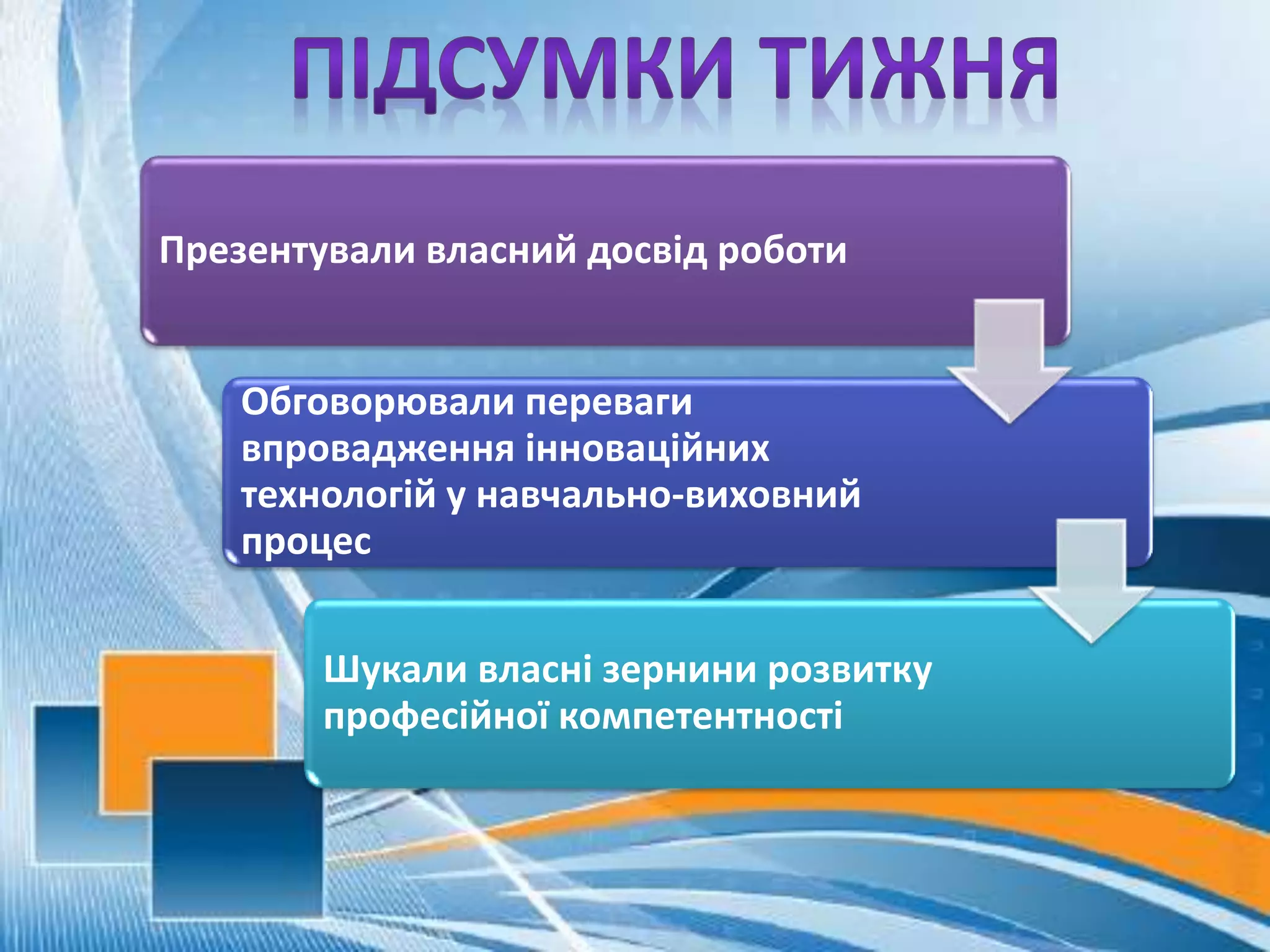 Презентували власний досвід роботи
Обговорювали переваги
впровадження інноваційних
технологій у навчально-виховний
процес
Шукали власні зернини розвитку
професійної компетентності
 
