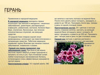 ГЕРАНЬ
 Применение в народной медицине.
 В народной медицине препараты герани
используют при женских и желудочно - кишечных
заболеваниях, дизентерии, респираторных
инфекциях, ревматизме, волчанке, болезни бери -
бери, эпилепсии, бессоннице, при лечении
злокачественных опухолей, как вяжущее
средство.
 В Средней Азии отваром корней лечат
кровохарканье, используют как гемостатическое и
запирающее средство. Тибетская медицина
применяет герань Власова при лечении глазных
заболеваний, пневмонии и экземе.
 Свежий сок герани применяют при
заболеваниях ушей. При боли в ухе можно
листочек герани свернуть в виде турундочки и
заложить на ночь в ухо. При отложении солей
любой локализации (мочекаменная болезнь,
остеохондроз) очень эффективным оказывается
настой герани.
 Приготовление отвара: 15 г корней залить 180
мл кипятка и настоять полчаса на водяной бане.
После этого десять минут охладить, процедить и
довести до 180 мл. Принимать после еды, трижды
в день по одной столовой ложке.
 Приготовление настоя: 20 г цветков и листьев
залить стаканом кипятка, настоять на кипящей
водяной бане пятнадцать минут, охладить 45
минут, процедить и довести до 200 мл. Принимать
два - четыре раза в день по две столовые ложки.
 Свежий сок листьев и цветков растения в
замороженном виде используют для массажа
лица. Улучшается цвет лица и разглаживаются
морщинки. Хорошо для женщин от 50 лет и
старше.
 