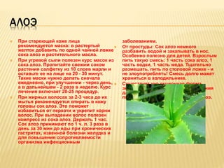 АЛОЭ
 При стареющей коже лица
рекомендуется маска: в растертый
желток добавить по одной чайной ложке
сока алоэ и растительного масла.
 При угревой сыпи полезен курс масок из
сока алоэ. Пропитайте свежим соком
растения салфетку из 10 слоев марли и
оставьте ее на лице на 20 - 30 минут.
Такие маски нужно делать сначала
ежедневно, при улучшении - через день,
а в дальнейшем - 2 раза в неделю. Курс
лечения включает 20-25 процедур.
 При жирных волосах за 2-3 часа до их
мытья рекомендуется втирать в кожу
головы сок алоэ. Это поможет
избавиться от перхоти и укрепит корни
волос. При выпадении волос полезен
компресс из сока алоэ. Держать 1 час.
Сок алоэ принимают по 1 ч. л. 3 раза в
день за 30 мин до еды при хронических
гастритах, язвенной болезни желудка и
для повышения сопротивляемости
организма инфекционным
заболеваниям.
 От простуды: Сок алоэ немного
разбавить водой и закапывать в нос.
Особенно полезно для детей. Взрослым
пить такую смесь: 1 часть сока алоэ, 1
часть водки, 1 часть меда. Тщательно
размешать, пить по столовой ложке - и
не злоупотреблять! Смесь долго может
храниться в холодильнике.
 Существует инъекционная форма
экстракта алоэ, различные извлечения
для наружного применения, масса
пищевых добавок с включением алоэ.
 